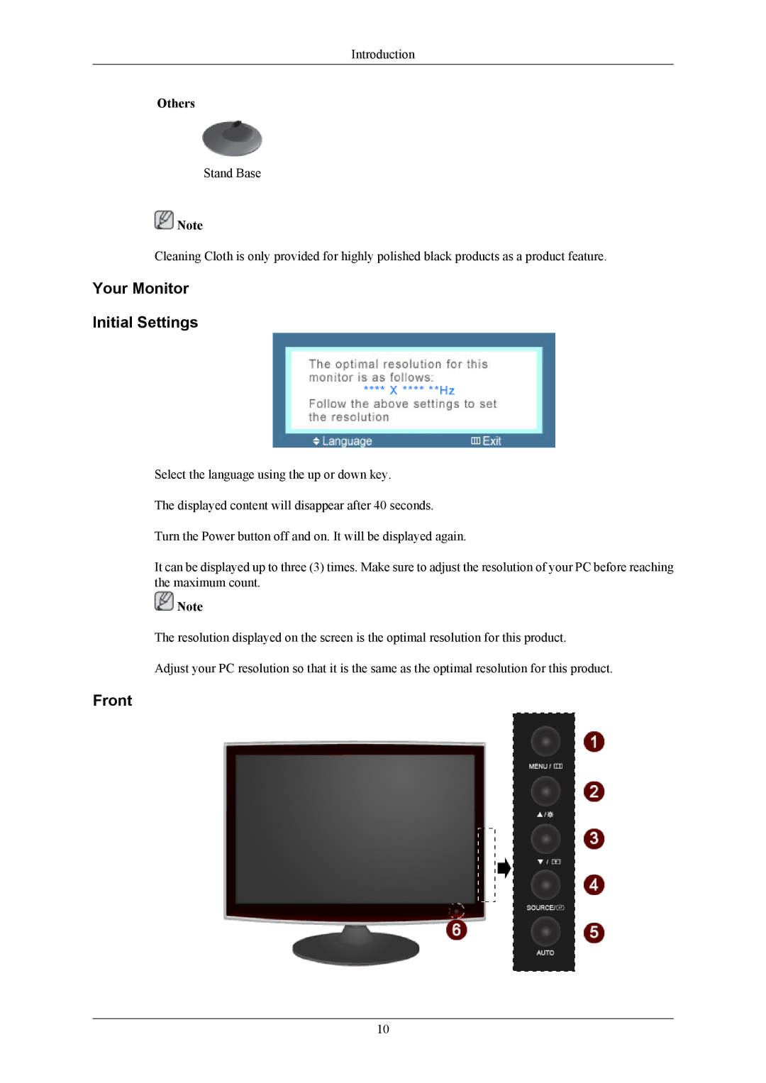 Samsung LS22TWHSUV/XV, LS20TWHSUV/EN, LS22TWHSUV/EN, LS22TWHSUV/CT, LS22TWHSUV/XS manual Your Monitor Initial Settings, Front 