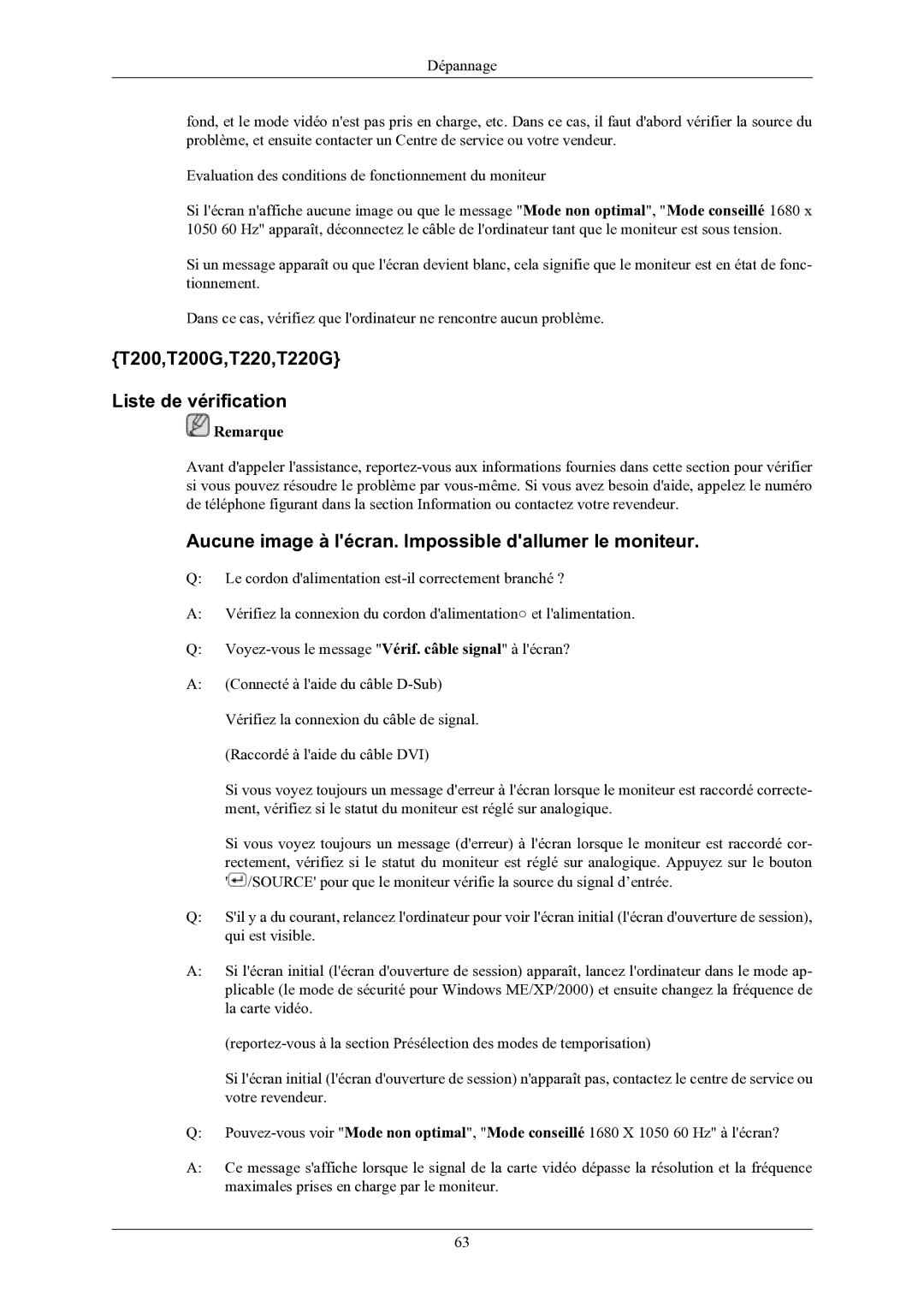 Samsung LS20TWHSUV/EN T200,T200G,T220,T220G Liste de vérification, Aucune image à lécran. Impossible dallumer le moniteur 