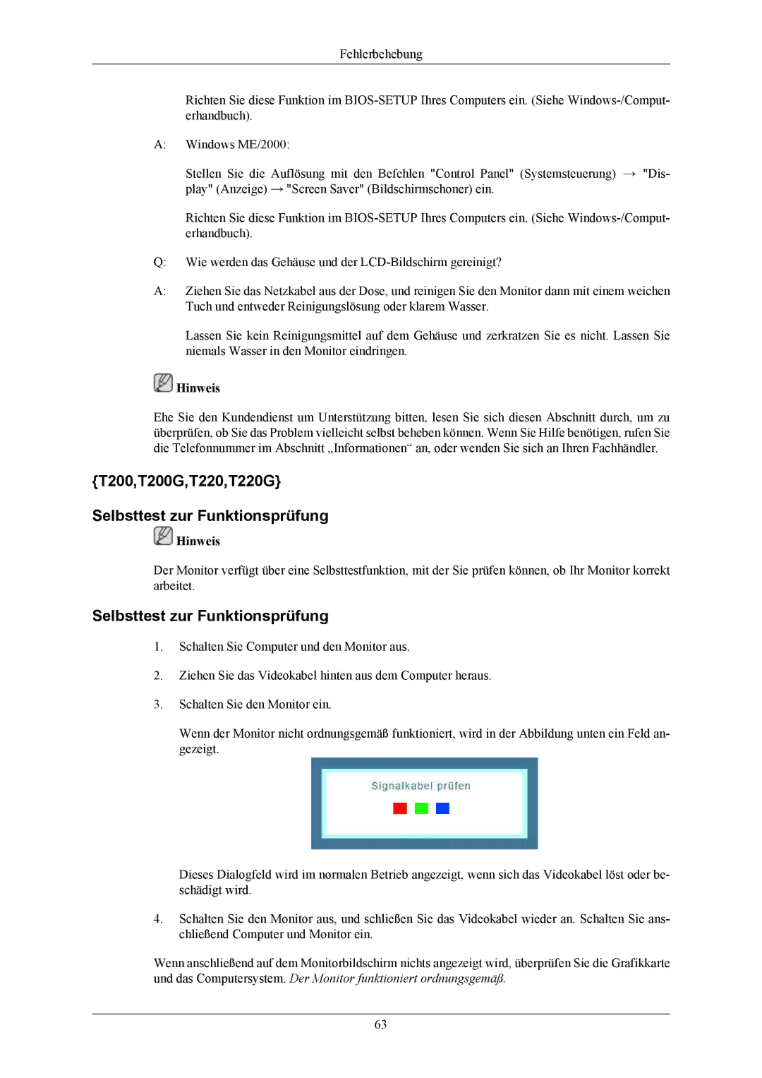 Samsung LS22TWHSUV/EN, LS20TWHSUV/EN manual T200,T200G,T220,T220G Selbsttest zur Funktionsprüfung 