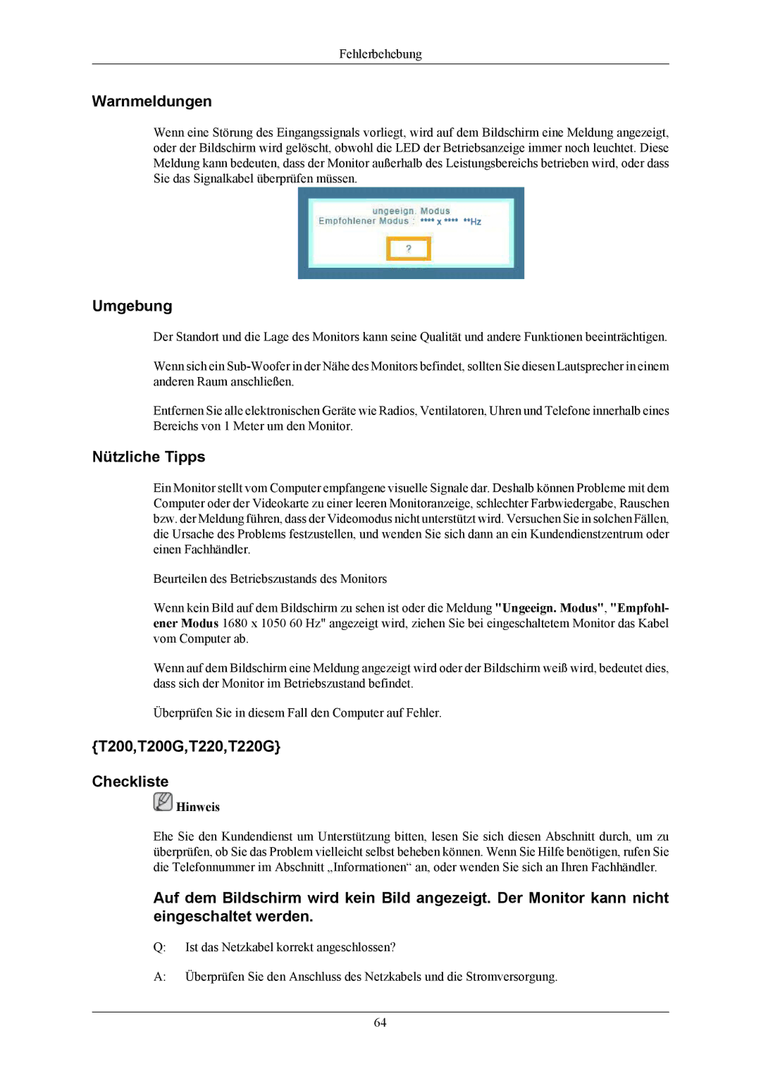 Samsung LS20TWHSUV/EN, LS22TWHSUV/EN manual Warnmeldungen, T200,T200G,T220,T220G Checkliste 