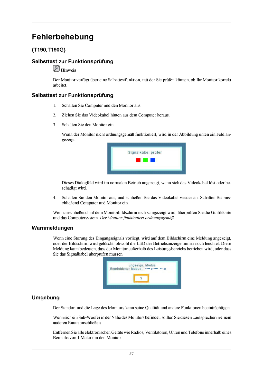 Samsung LS22TWHSUV/EN, LS20TWHSUV/EN manual T190,T190G Selbsttest zur Funktionsprüfung, Warnmeldungen, Umgebung 