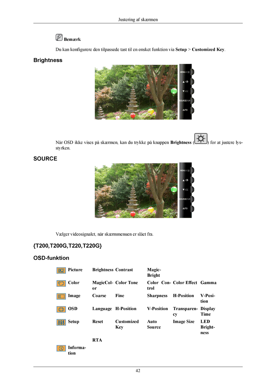 Samsung LS22TWHSUV/EN, LS20TWHSUV/EN manual Brightness, T200,T200G,T220,T220G OSD-funktion 