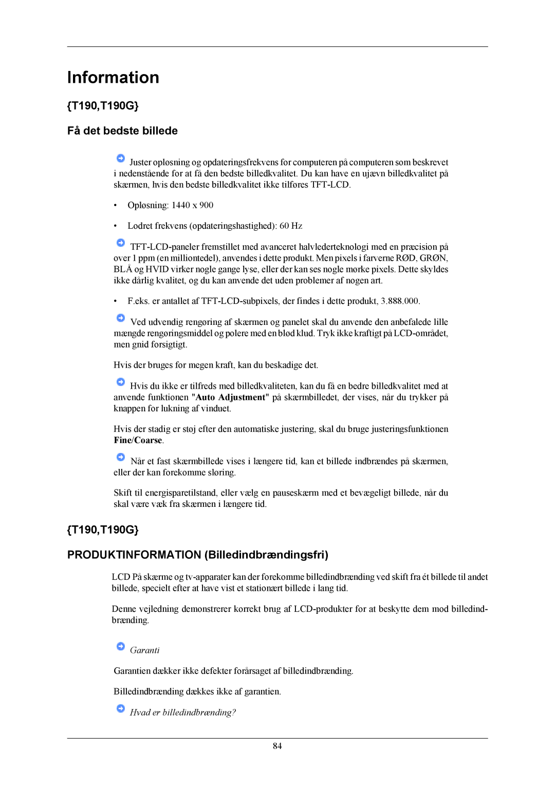 Samsung LS22TWHSUV/EN Information, T190,T190G Få det bedste billede, T190,T190G Produktinformation Billedindbrændingsfri 