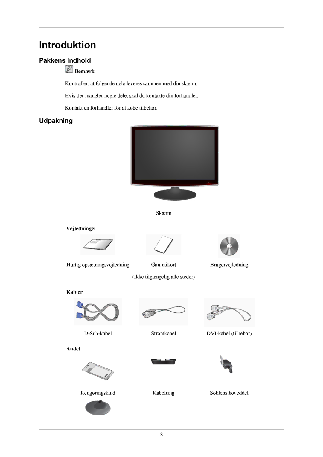 Samsung LS22TWHSUV/EN, LS20TWHSUV/EN manual Introduktion, Pakkens indhold, Udpakning 