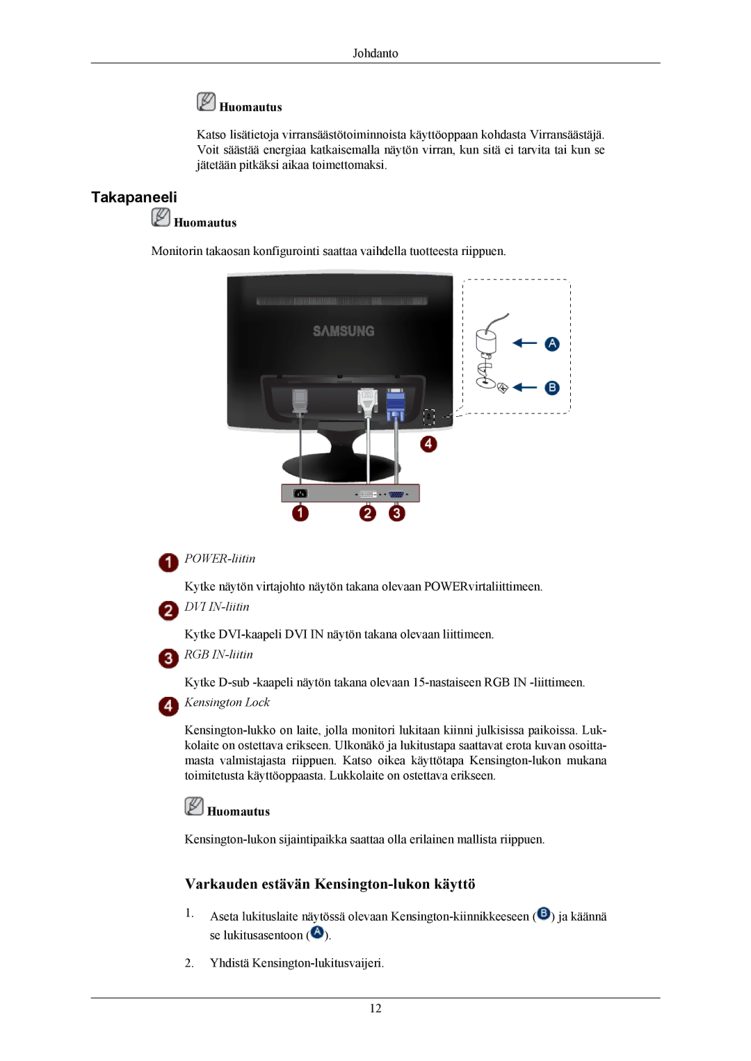 Samsung LS22TWHSUV/EN, LS20TWHSUV/EN manual Takapaneeli, Kensington Lock 