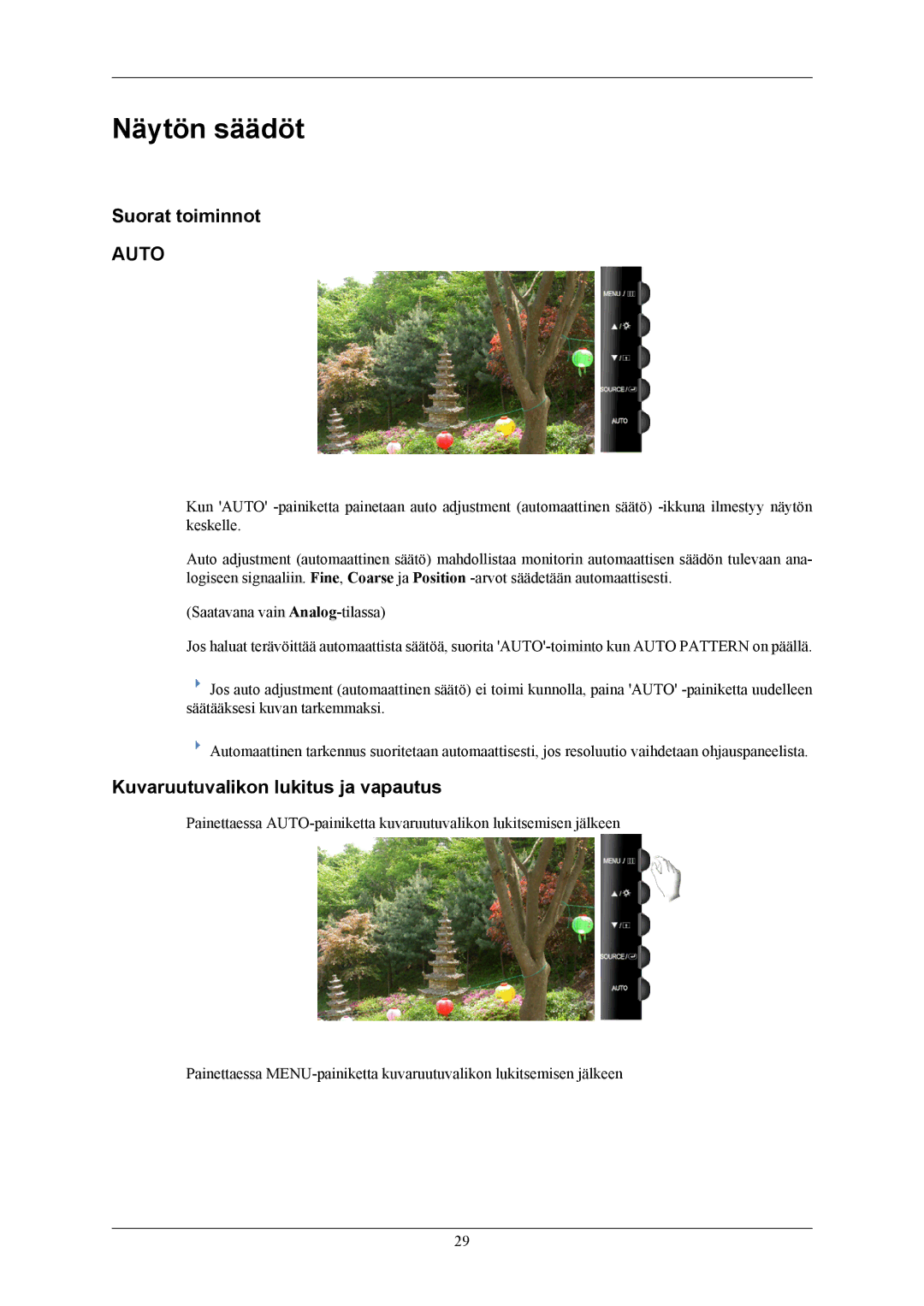 Samsung LS20TWHSUV/EN, LS22TWHSUV/EN manual Näytön säädöt, Suorat toiminnot, Kuvaruutuvalikon lukitus ja vapautus 