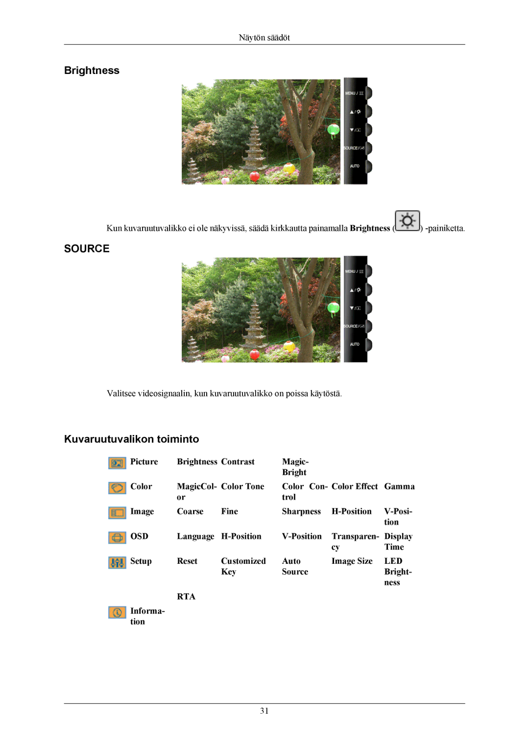 Samsung LS20TWHSUV/EN, LS22TWHSUV/EN manual Brightness, Kuvaruutuvalikon toiminto 