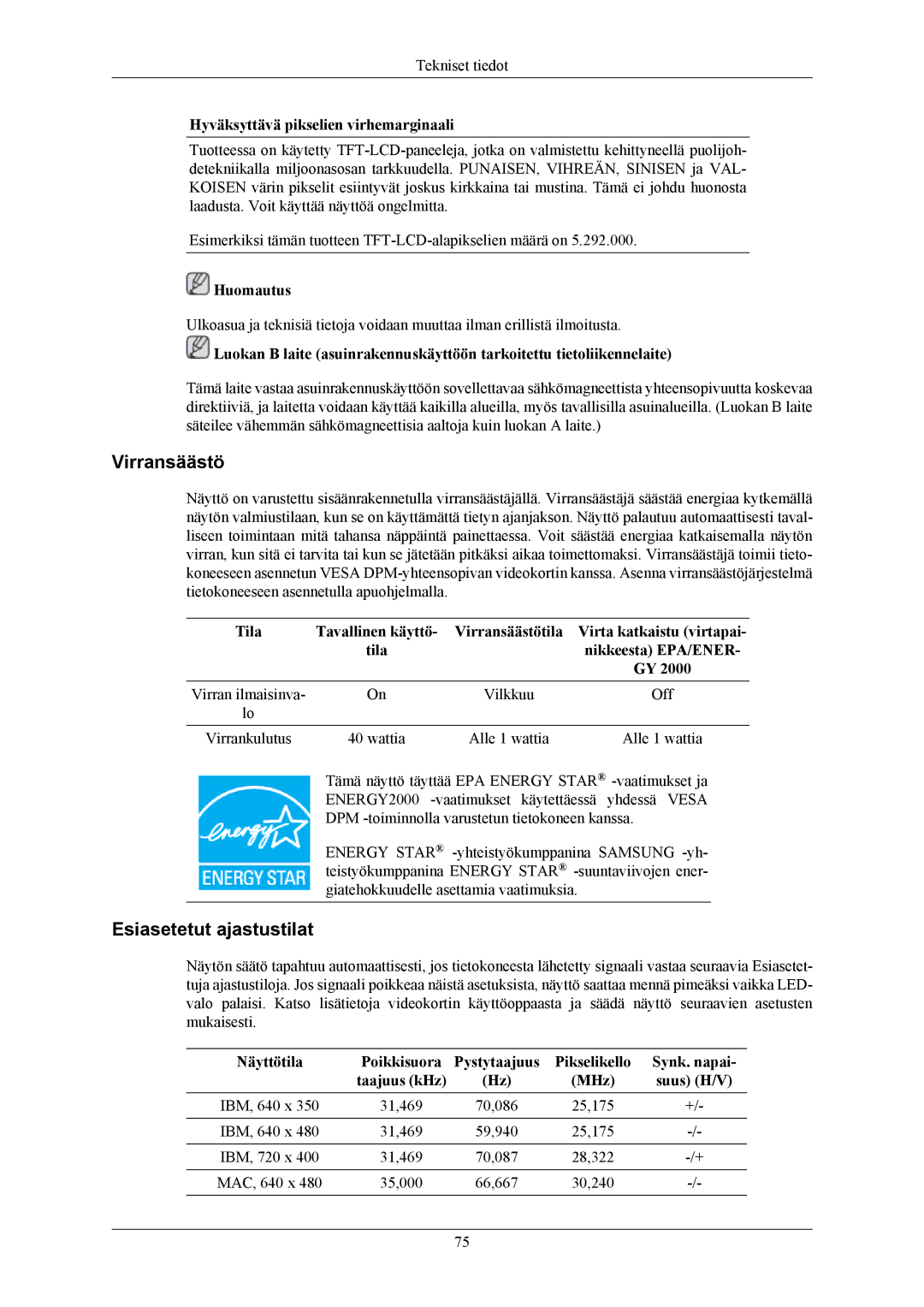 Samsung LS20TWHSUV/EN, LS22TWHSUV/EN manual Virransäästö 