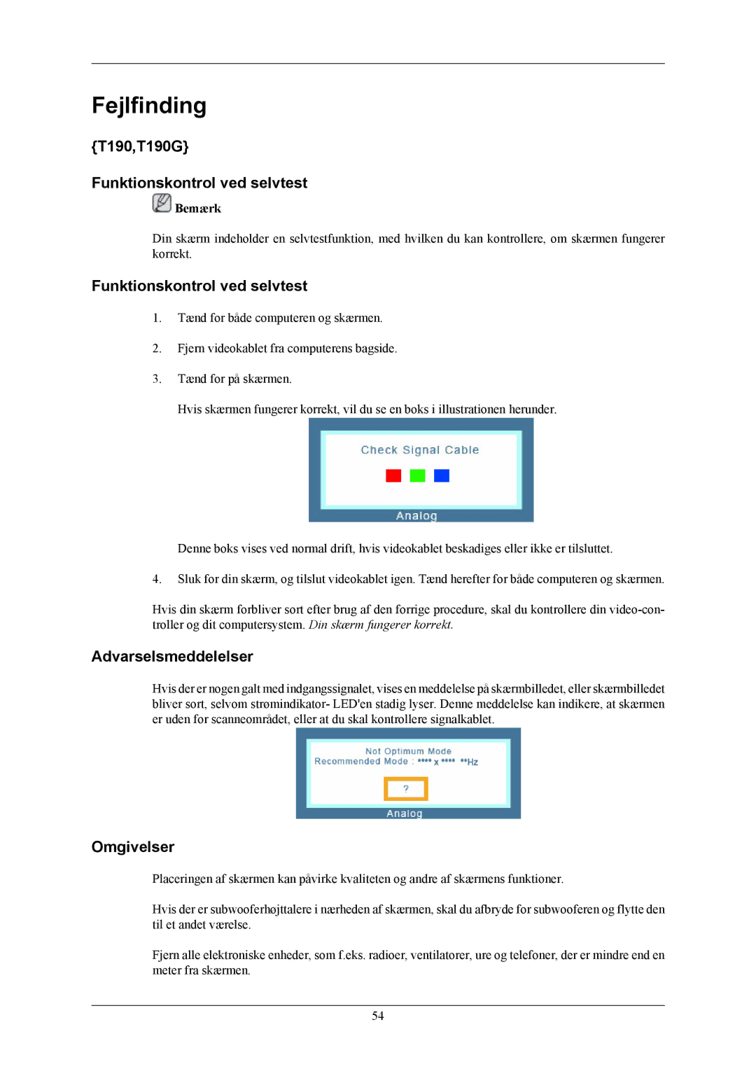 Samsung LS20TWHSUV/EN, LS22TWHSUV/EN manual T190,T190G Funktionskontrol ved selvtest, Omgivelser 