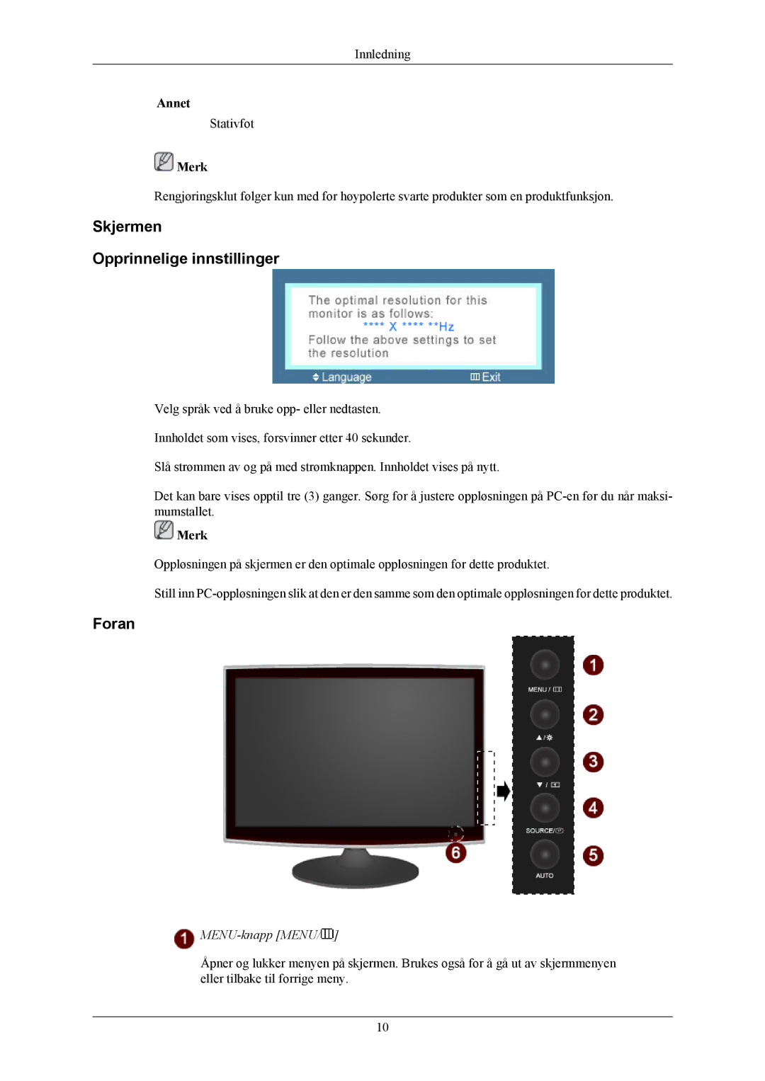 Samsung LS22TWHSUV/EN, LS20TWHSUV/EN manual Skjermen Opprinnelige innstillinger, Foran 