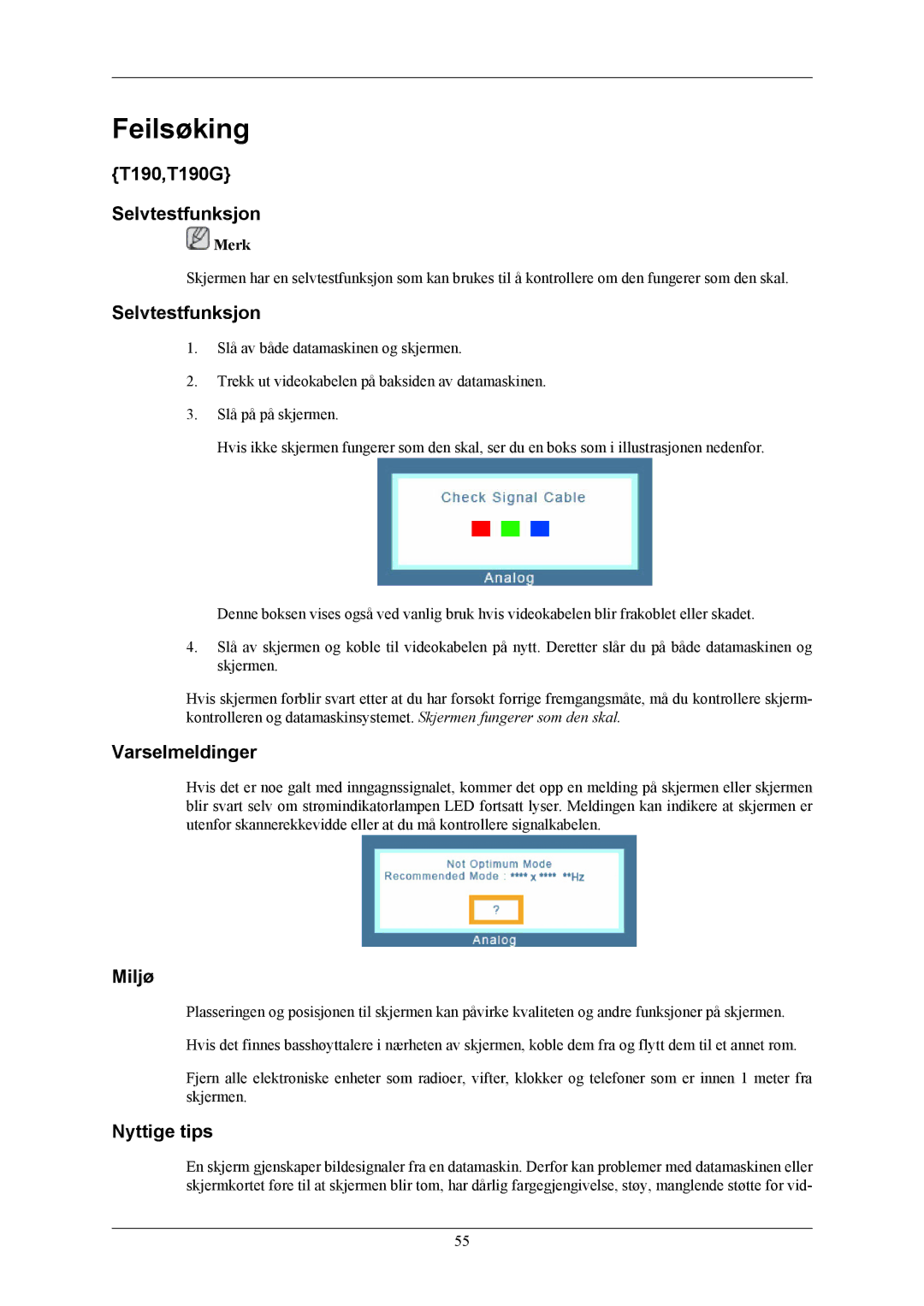 Samsung LS20TWHSUV/EN, LS22TWHSUV/EN manual T190,T190G Selvtestfunksjon, Varselmeldinger, Miljø, Nyttige tips 