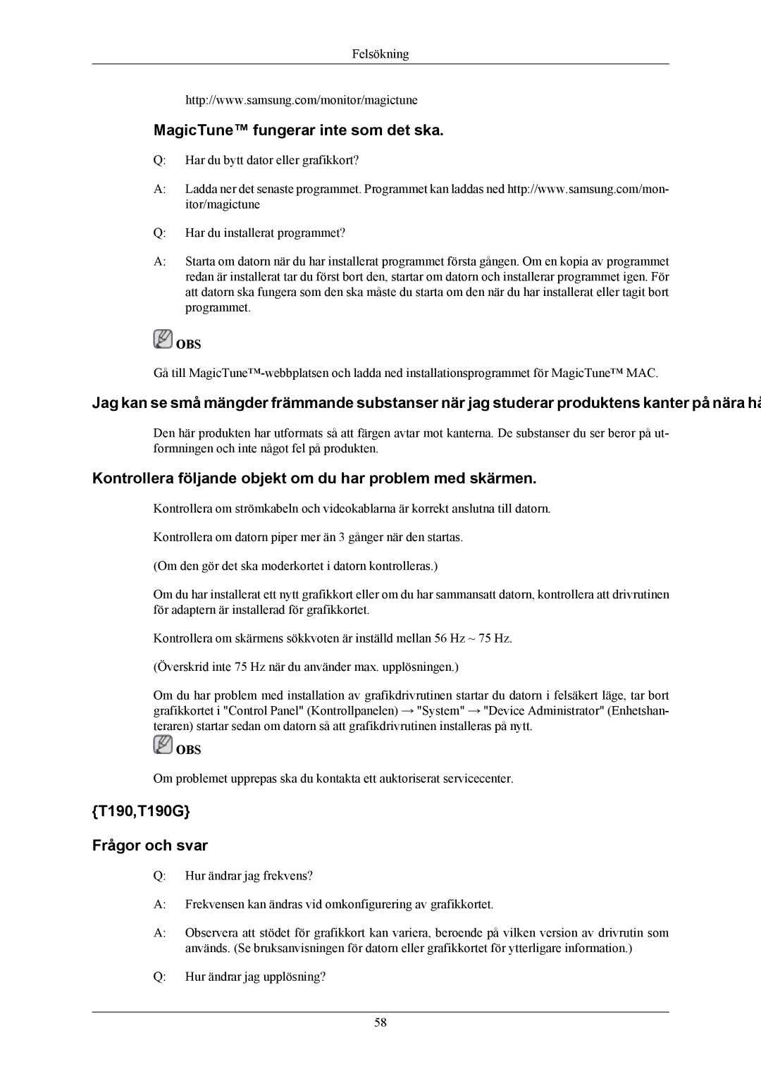 Samsung LS20TWHSUV/EN manual MagicTune fungerar inte som det ska, Kontrollera följande objekt om du har problem med skärmen 