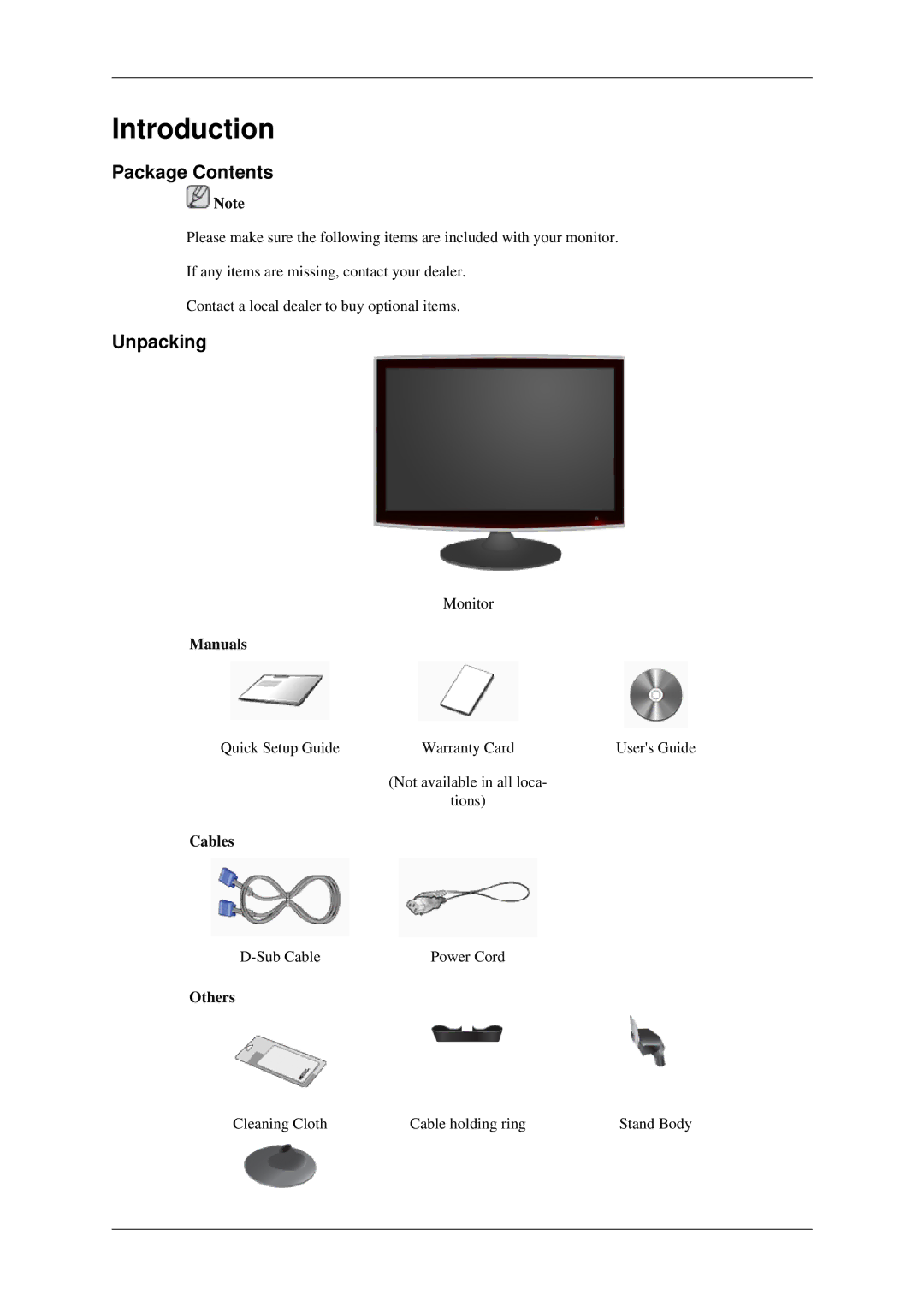 Samsung LS22TWASV/CI, LS20TWUSX/CI, LS20TWASU/CI, LS20TWUSU/CI, LS20TWUSV/CI manual Introduction, Package Contents, Unpacking 