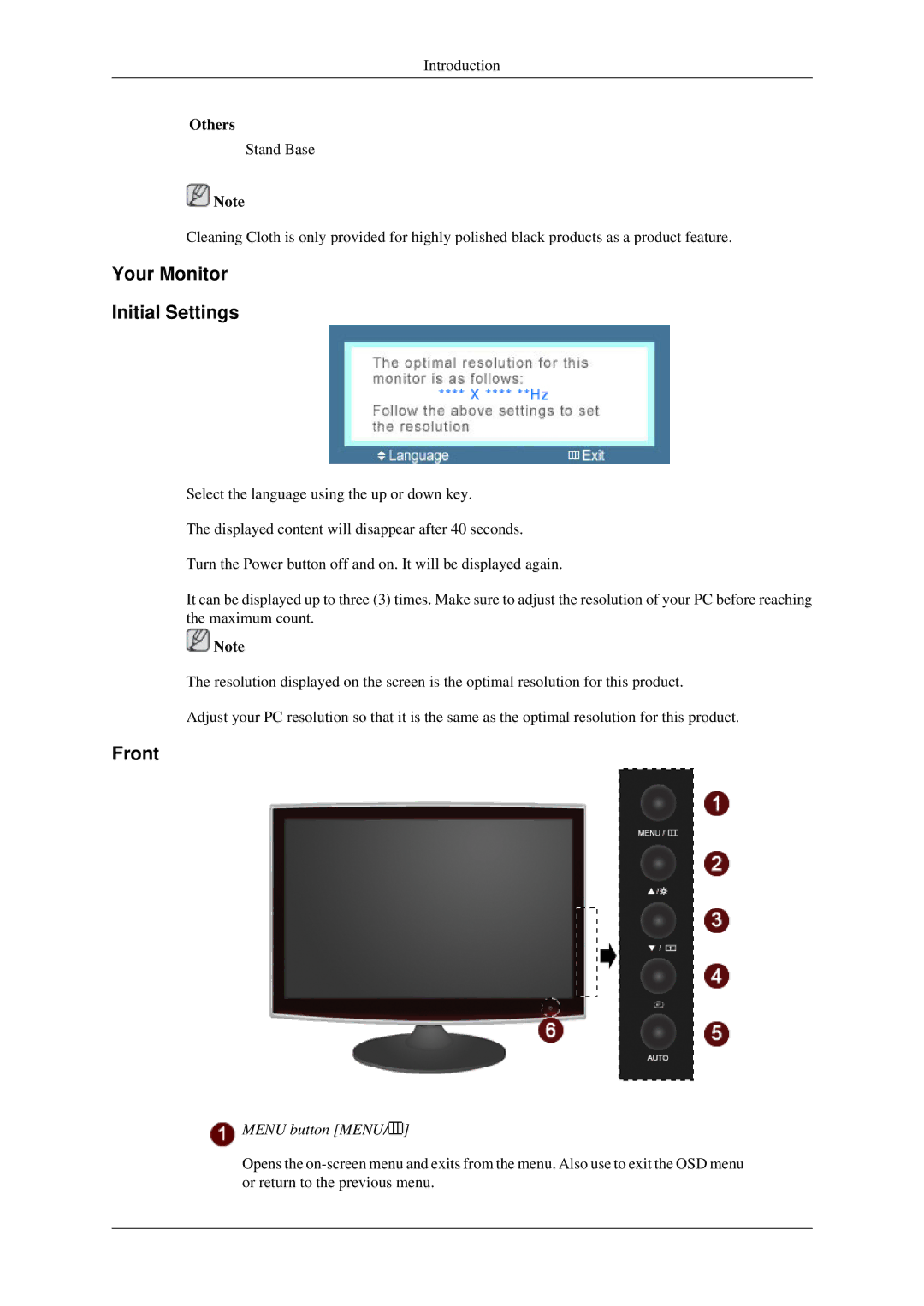 Samsung LS20TWUSU/CI, LS20TWUSX/CI, LS20TWASU/CI, LS22TWASV/CI manual Your Monitor Initial Settings, Front, Menu button Menu 