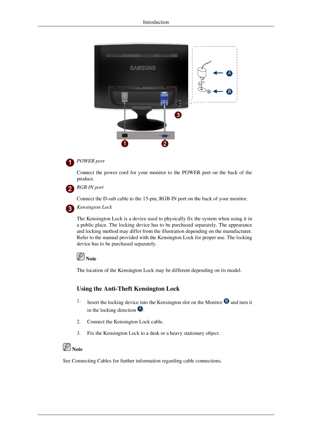 Samsung LS22TWUSX/CI, LS20TWUSX/CI, LS20TWASU/CI, LS22TWASV/CI, LS20TWUSU/CI manual Power port, RGB in port, Kensington Lock 