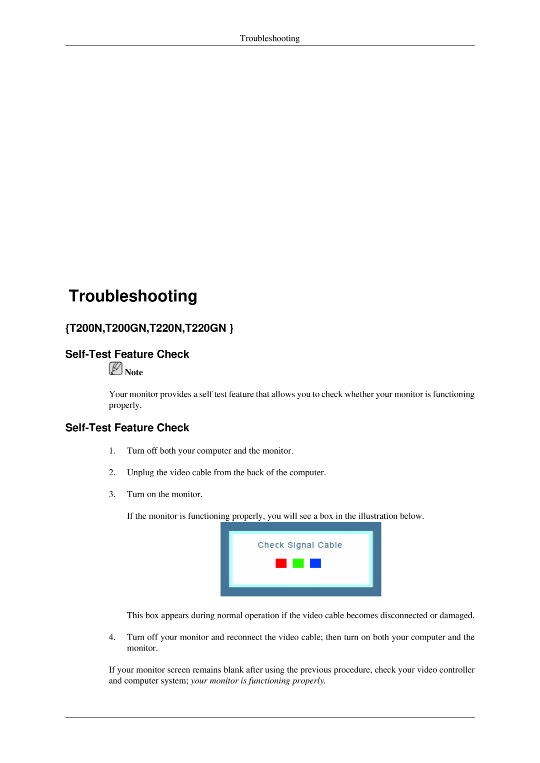 Samsung LS22TWASU/CI, LS20TWUSX/CI, LS20TWASU/CI manual Troubleshooting, T200N,T200GN,T220N,T220GN Self-Test Feature Check 