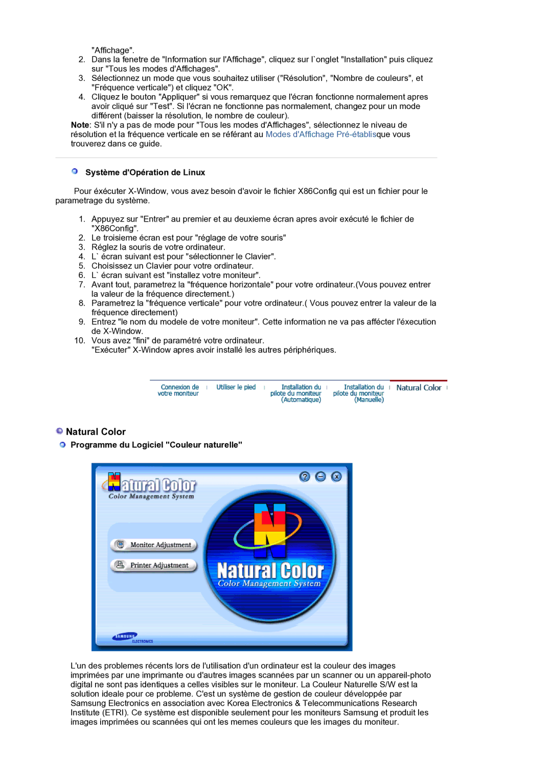 Samsung LS21BRBAS/EDC manual Système dOpération de Linux, Programme du Logiciel Couleur naturelle 