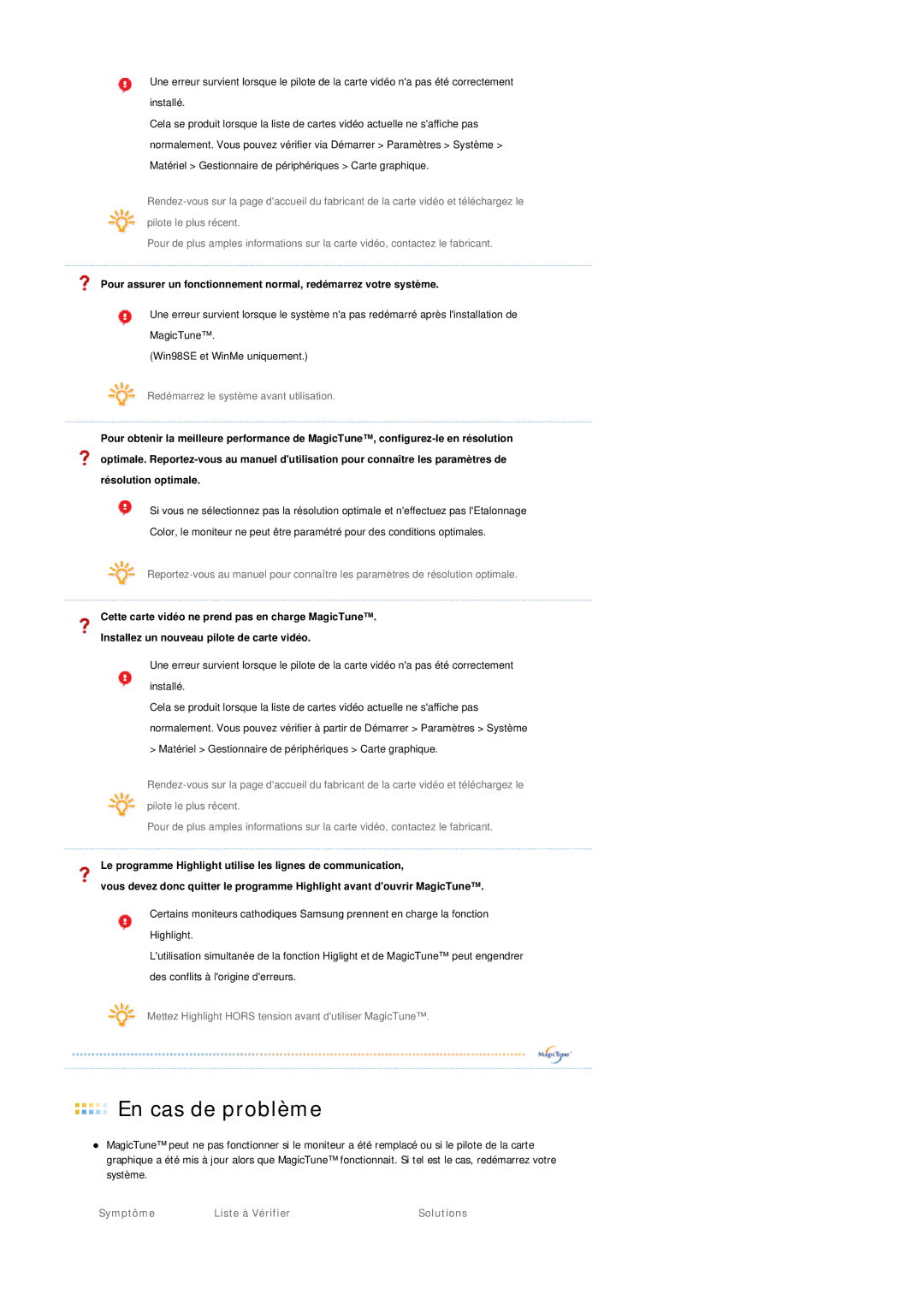 Samsung LS21BRBAS/EDC manual Symptôme Liste à Vérifier 