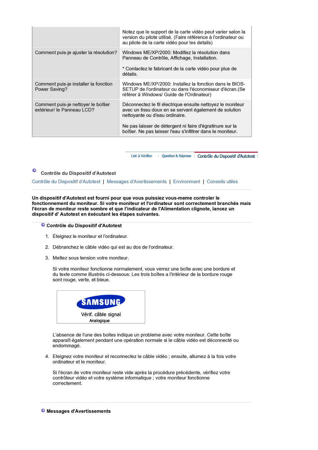 Samsung LS21BRBAS/EDC manual Contrôle du Dispositif dAutotest, Messages dAvertissements 