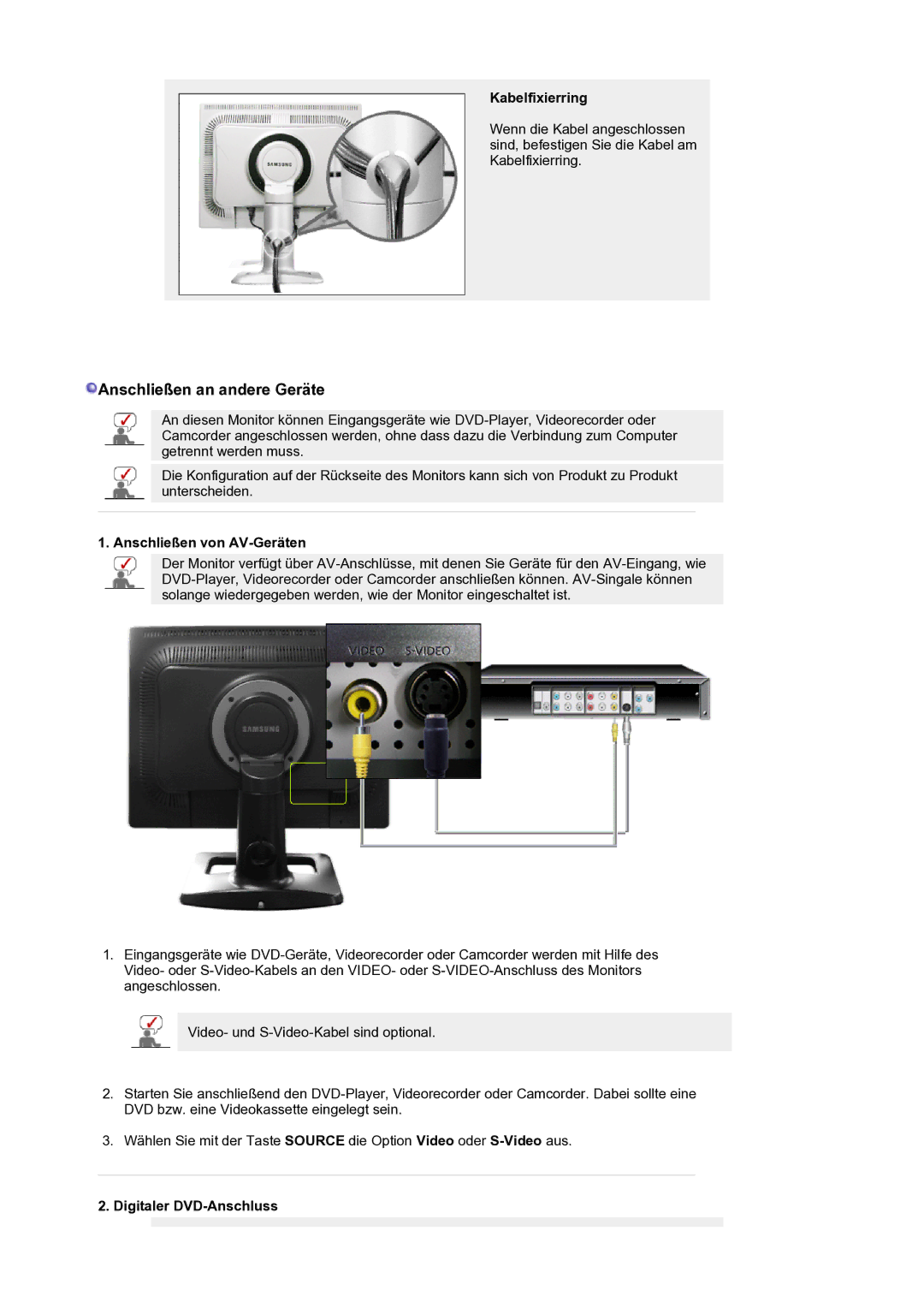 Samsung LS21BRBAS/EDC manual Kabelfixierring, Anschließen von AV-Geräten, Digitaler DVD-Anschluss 