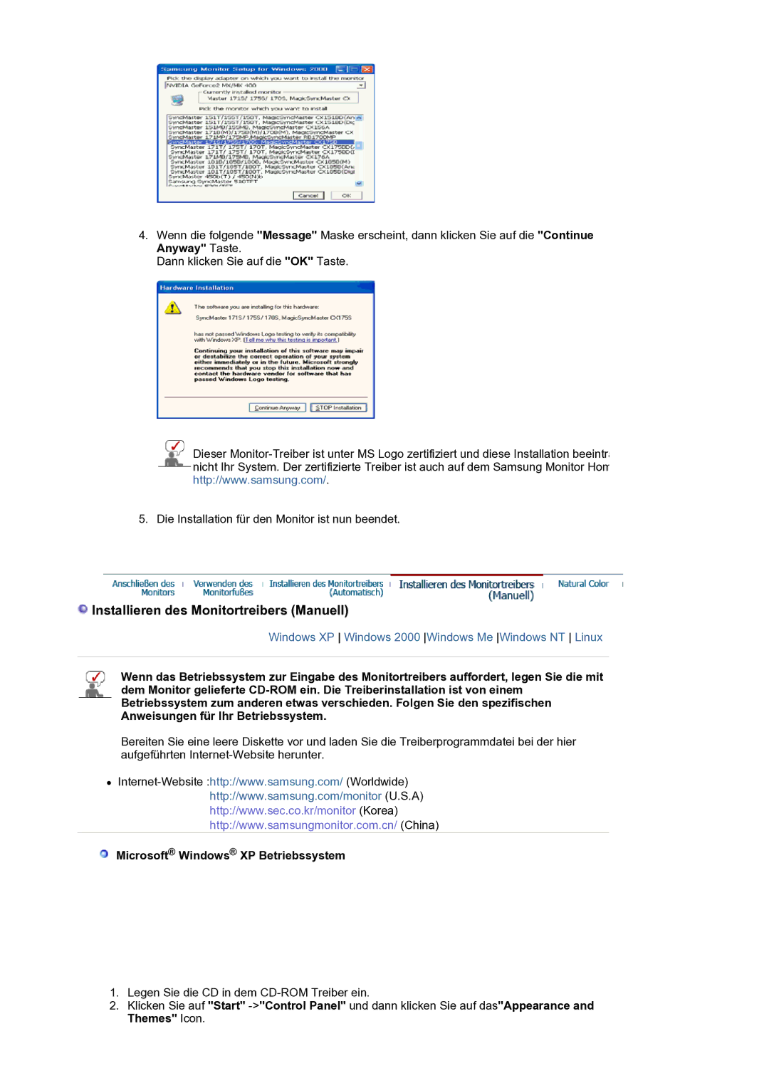 Samsung LS21BRBAS/EDC manual Installieren des Monitortreibers Manuell, Microsoft Windows XP Betriebssystem 