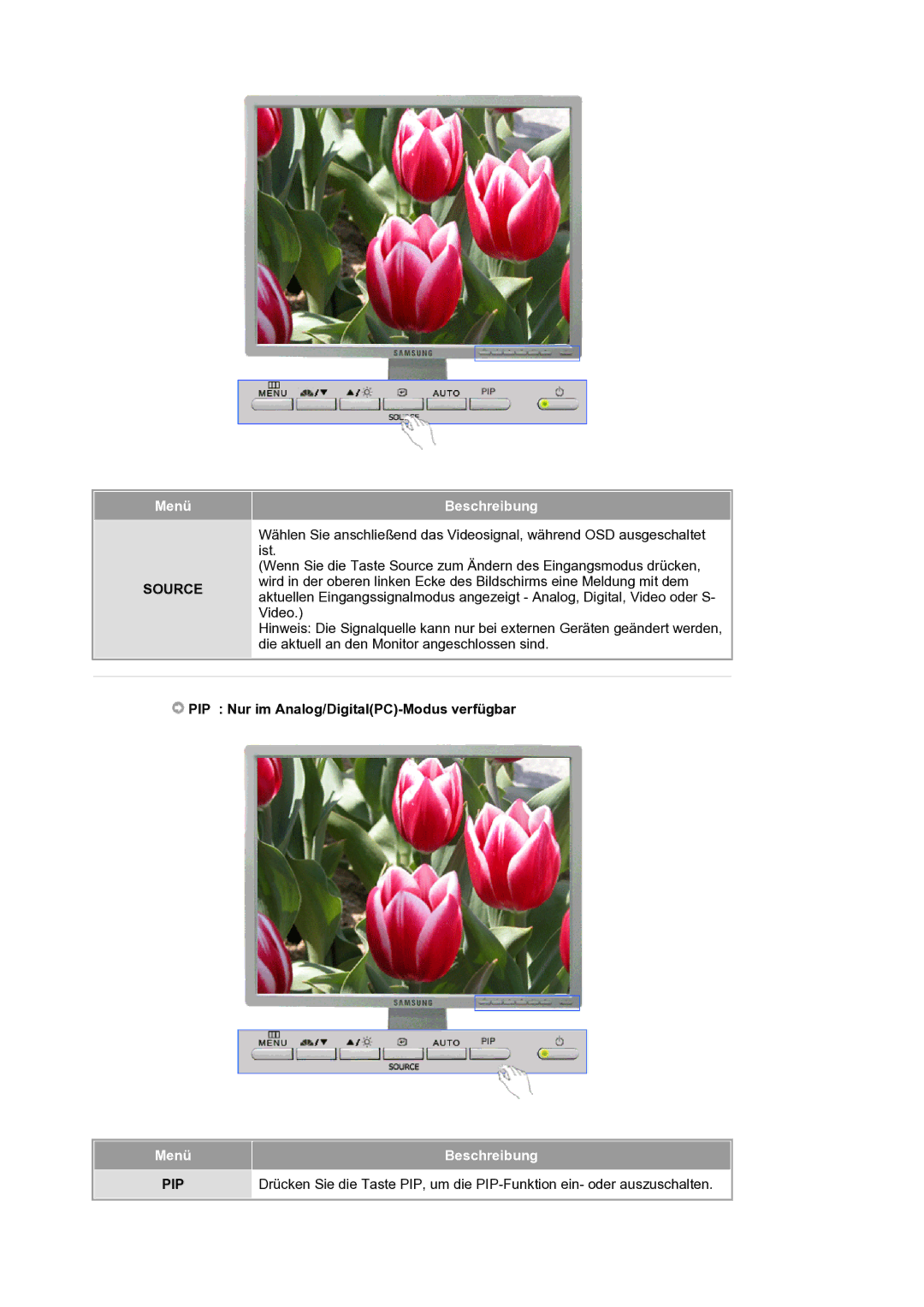 Samsung LS21BRBAS/EDC manual Menü, PIP Nur im Analog/DigitalPC-Modus verfügbar 