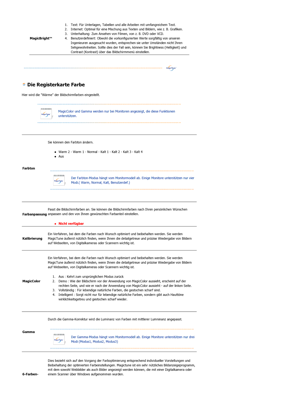 Samsung LS21BRBAS/EDC manual Die Registerkarte Farbe 