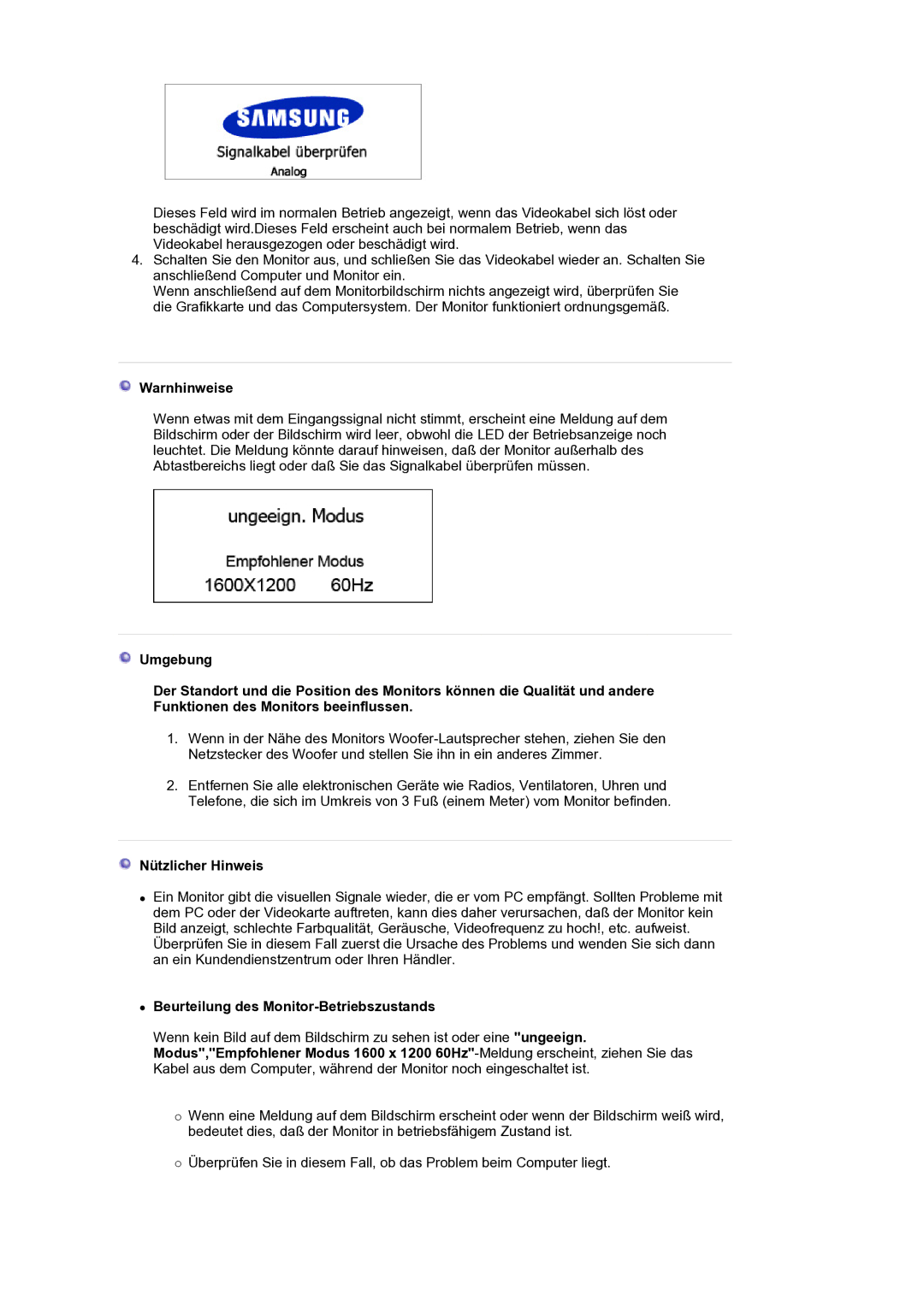 Samsung LS21BRBAS/EDC manual Warnhinweise, Nützlicher Hinweis, Beurteilung des Monitor-Betriebszustands 