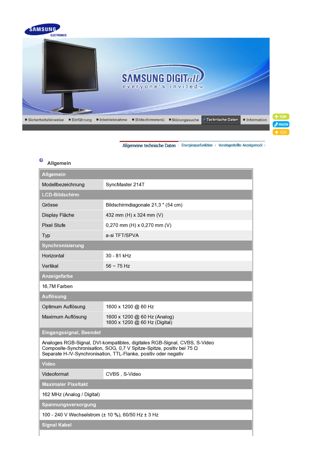 Samsung LS21BRBAS/EDC Allgemein, LCD-Bildschirm, Synchronisierung, Anzeigefarbe, Auflösung, Eingangssignal, Beendet, Video 