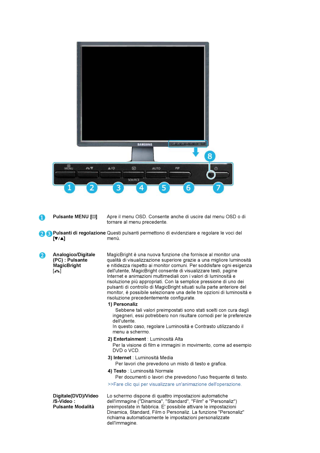 Samsung LS21BRBAS/EDC manual Analogico/Digitale, PC Pulsante, MagicBright, Personaliz, Entertainment Luminosità Alta, Video 