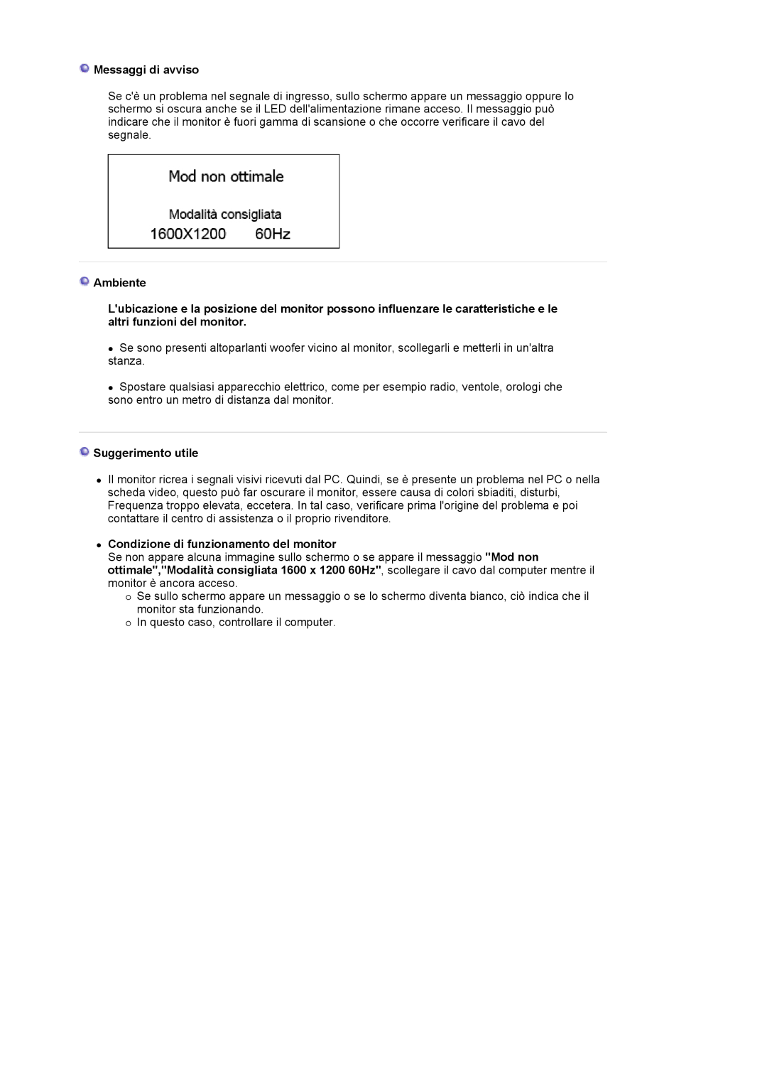 Samsung LS21BRBAS/EDC manual Messaggi di avviso, Suggerimento utile, Condizione di funzionamento del monitor 