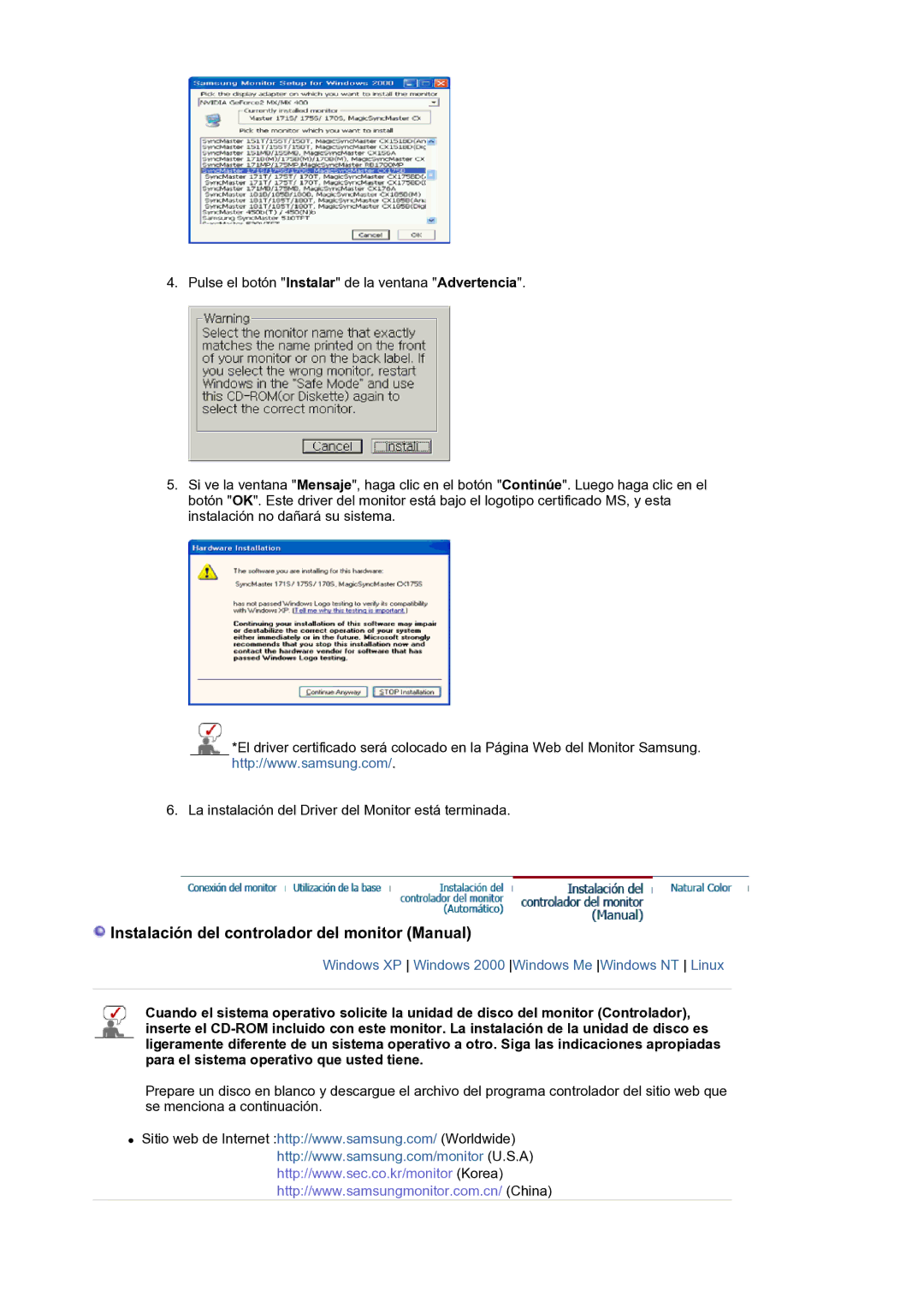 Samsung LS21BRBAS/EDC manual Instalación del controlador del monitor Manual 