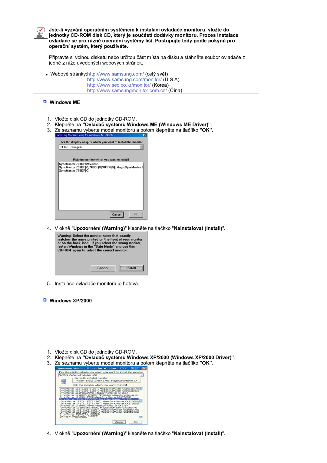 Samsung LS21BRBAS/EDC manual Klepněte na Ovladač systému Windows ME Windows ME Driver, Windows XP/2000 