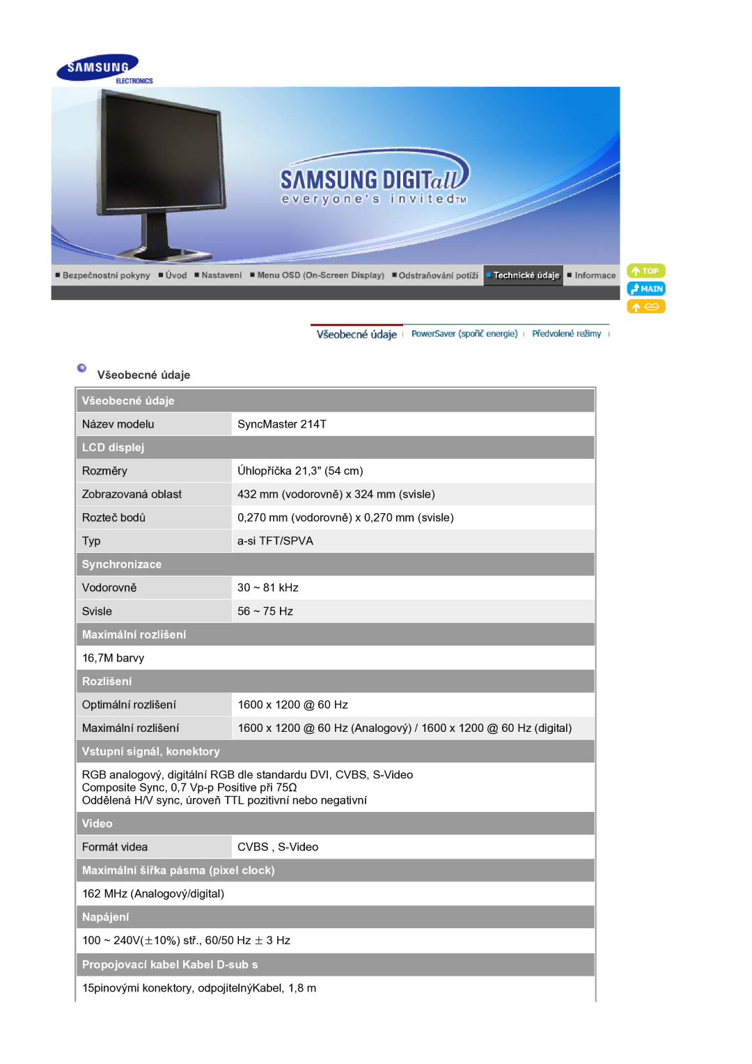 Samsung LS21BRBAS/EDC manual Všeobecné údaje, LCD displej, Synchronizace, Maximální rozlišení, Rozlišení, Video, Napájení 