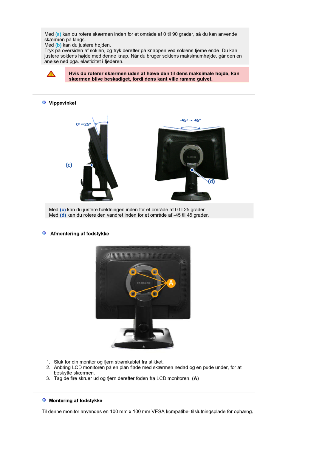 Samsung LS21BRBAS/EDC manual Afmontering af fodstykke, Montering af fodstykke 