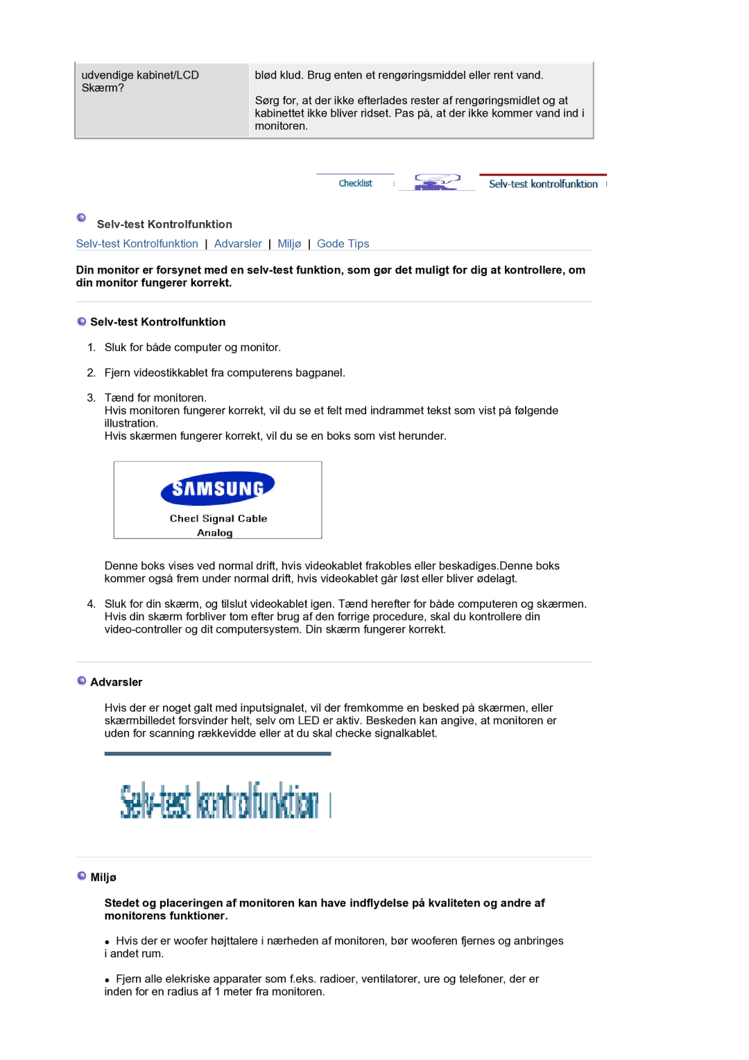 Samsung LS21BRBAS/EDC manual Selv-test Kontrolfunktion, Advarsler 