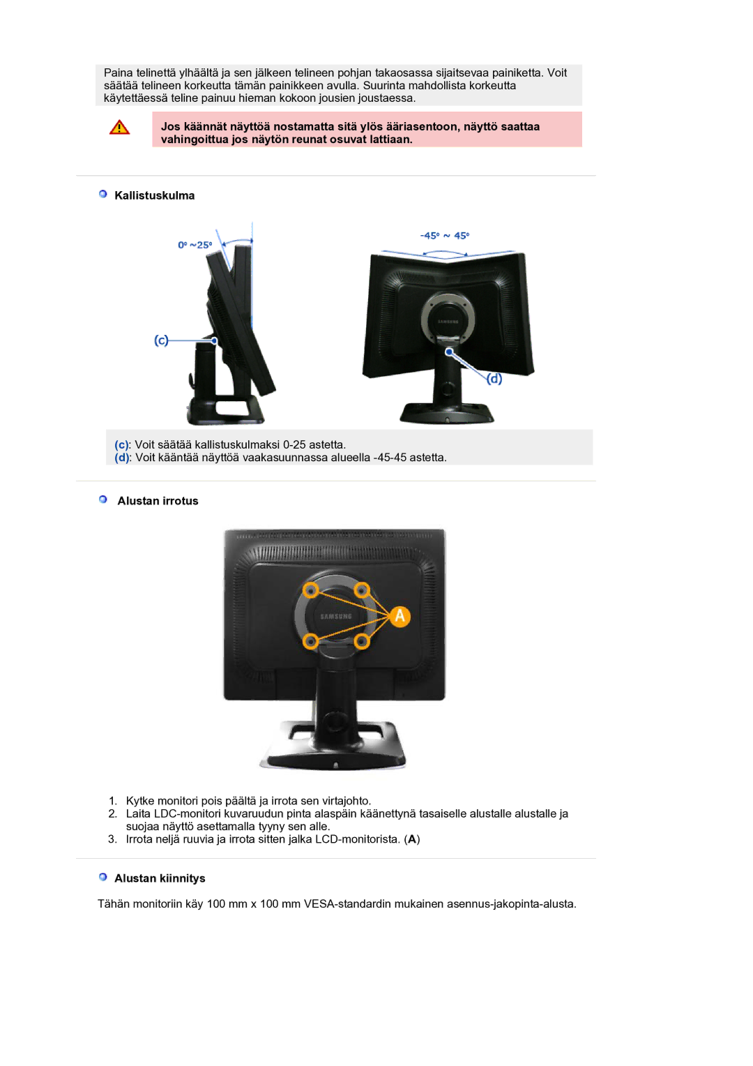 Samsung LS21BRBAS/EDC manual Alustan irrotus, Alustan kiinnitys 