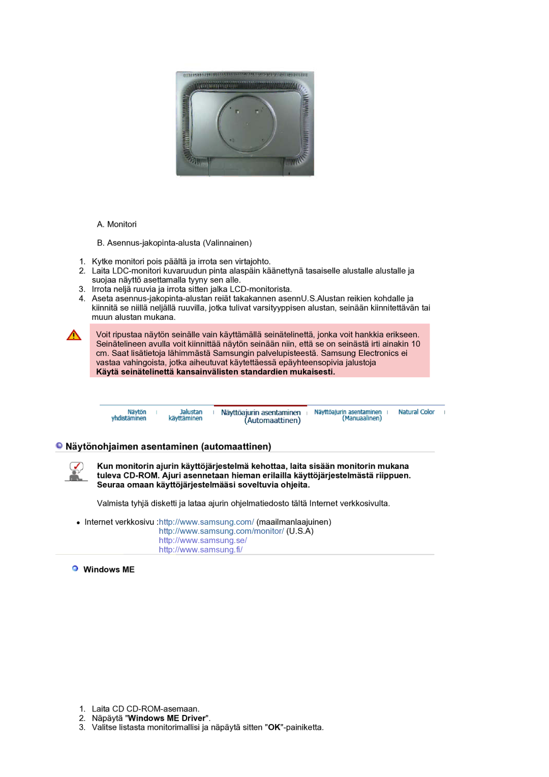 Samsung LS21BRBAS/EDC manual Käytä seinätelinettä kansainvälisten standardien mukaisesti, Näpäytä Windows ME Driver 