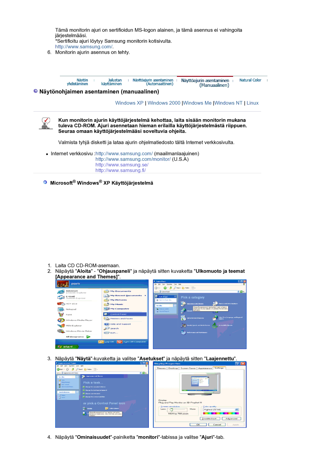 Samsung LS21BRBAS/EDC manual Näytönohjaimen asentaminen manuaalinen, Microsoft Windows XP Käyttöjärjestelmä 