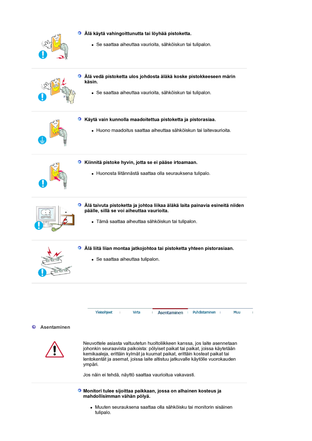 Samsung LS21BRBAS/EDC manual Älä käytä vahingoittunutta tai löyhää pistoketta, Asentaminen 