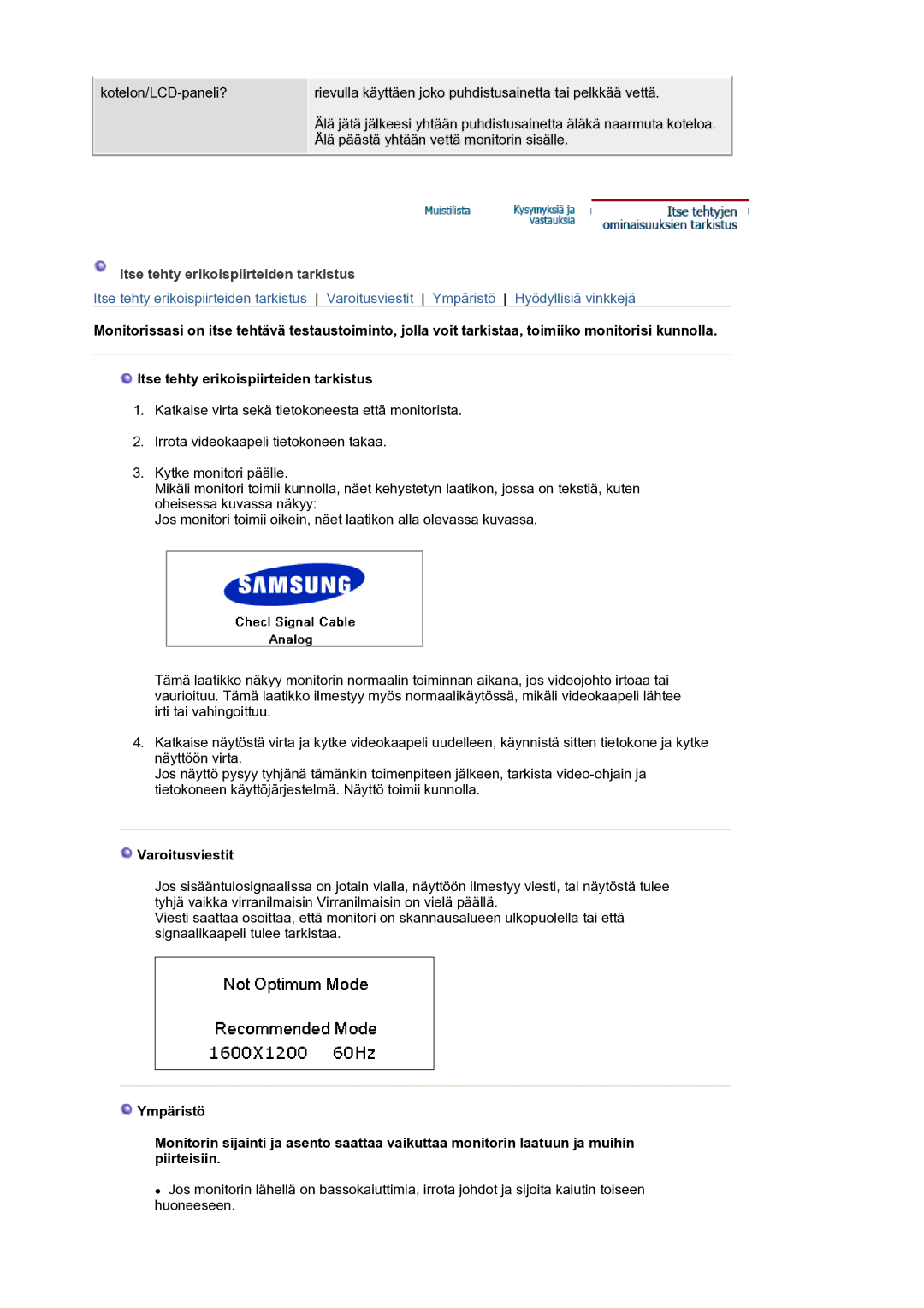 Samsung LS21BRBAS/EDC manual Itse tehty erikoispiirteiden tarkistus, Varoitusviestit 