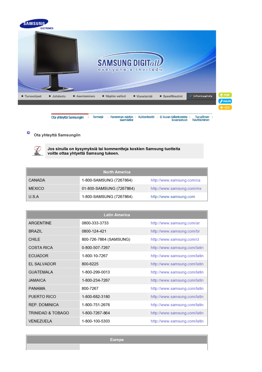 Samsung LS21BRBAS/EDC manual Ota yhteyttä Samsungiin, North America, Latin America, Europe 