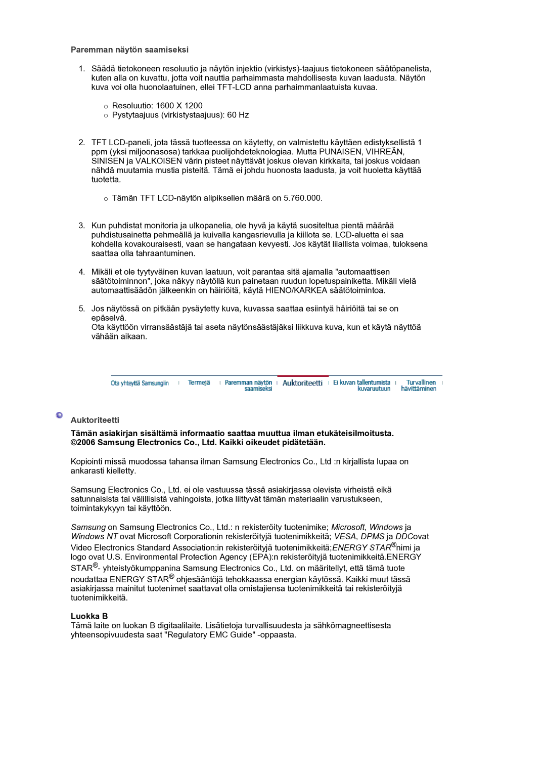 Samsung LS21BRBAS/EDC manual Paremman näytön saamiseksi, Auktoriteetti, Luokka B 