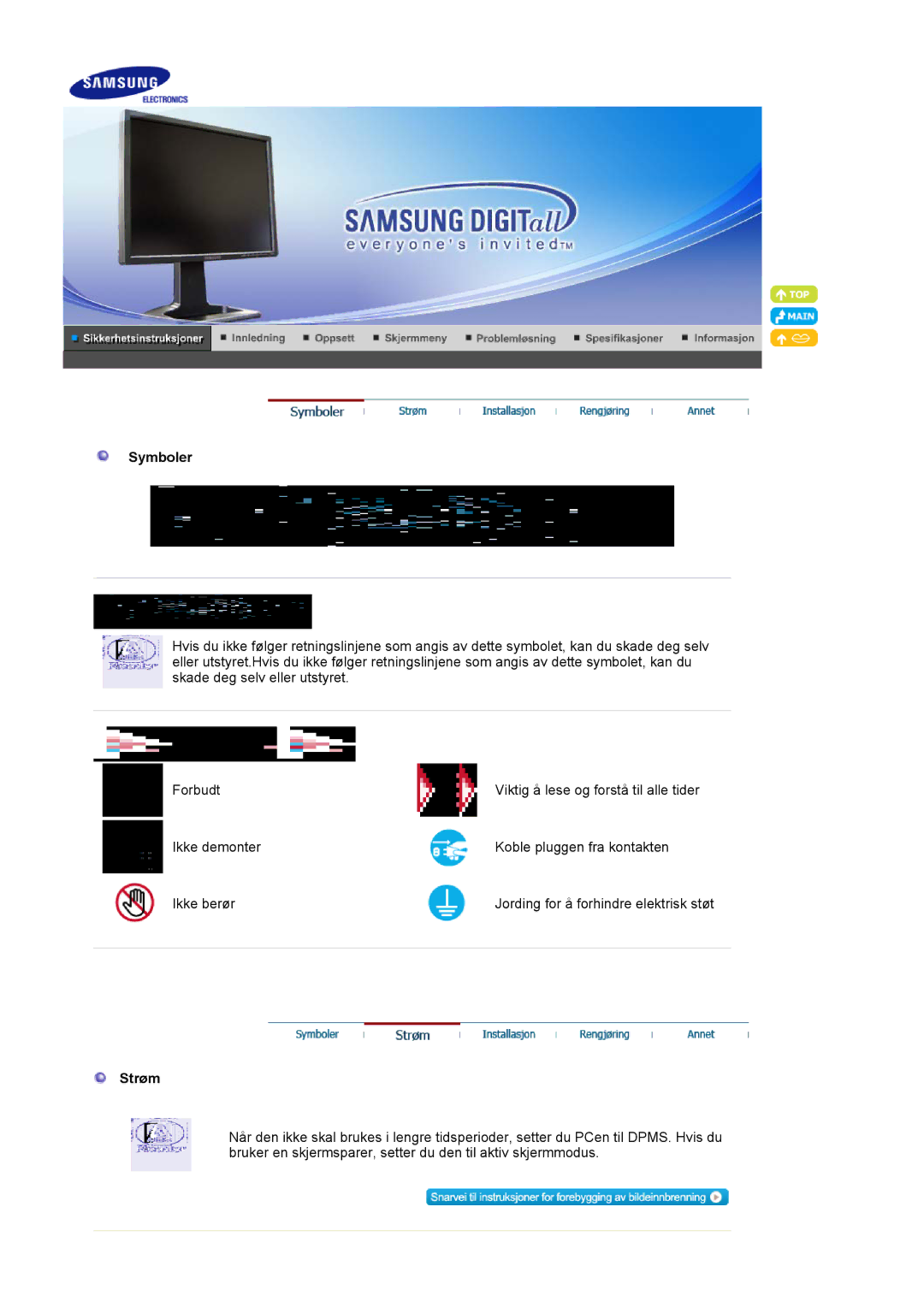 Samsung LS21BRBAS/EDC manual Symboler, Strøm 