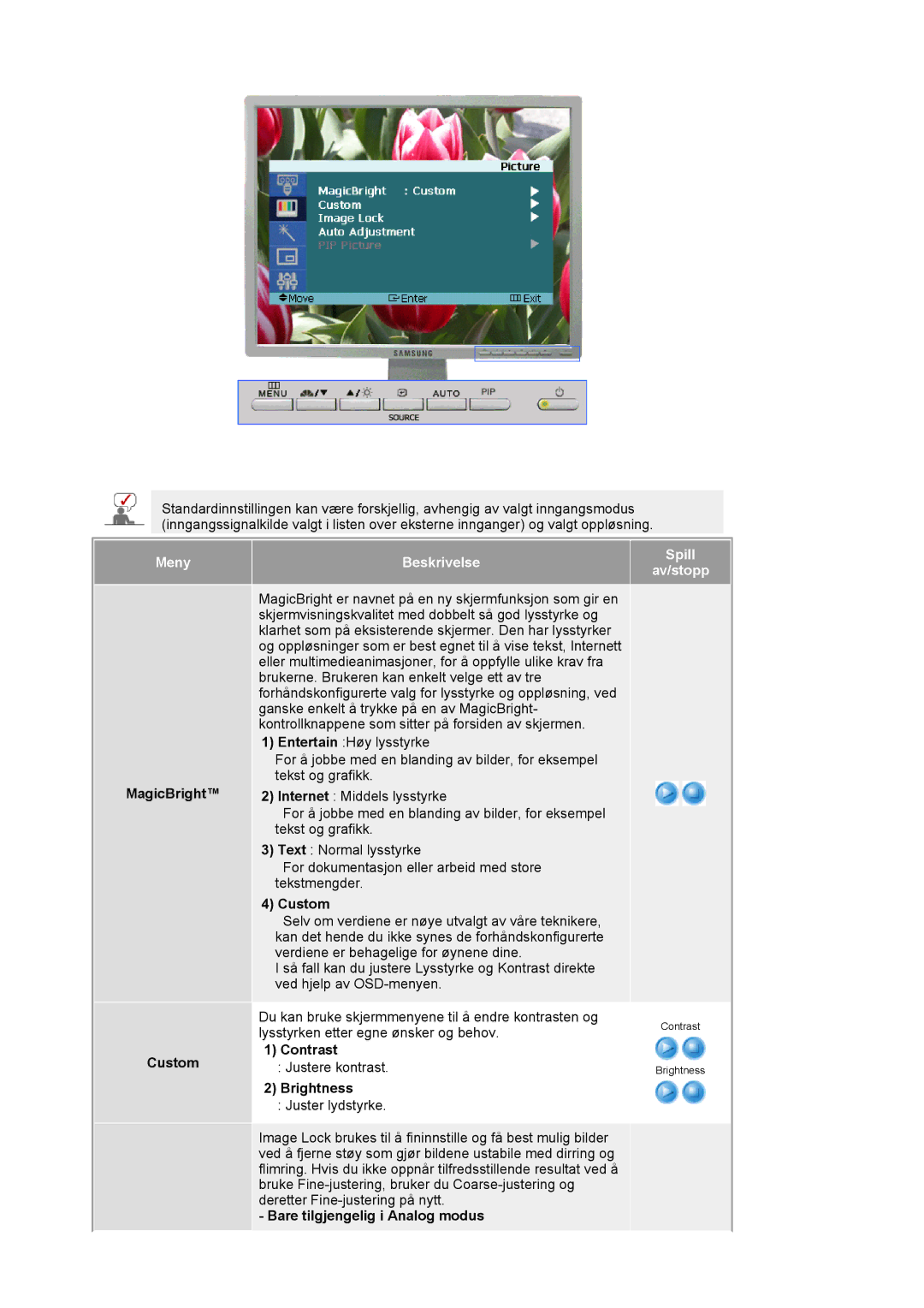 Samsung LS21BRBAS/EDC manual MagicBright Custom, Contrast, Brightness, Bare tilgjengelig i Analog modus 