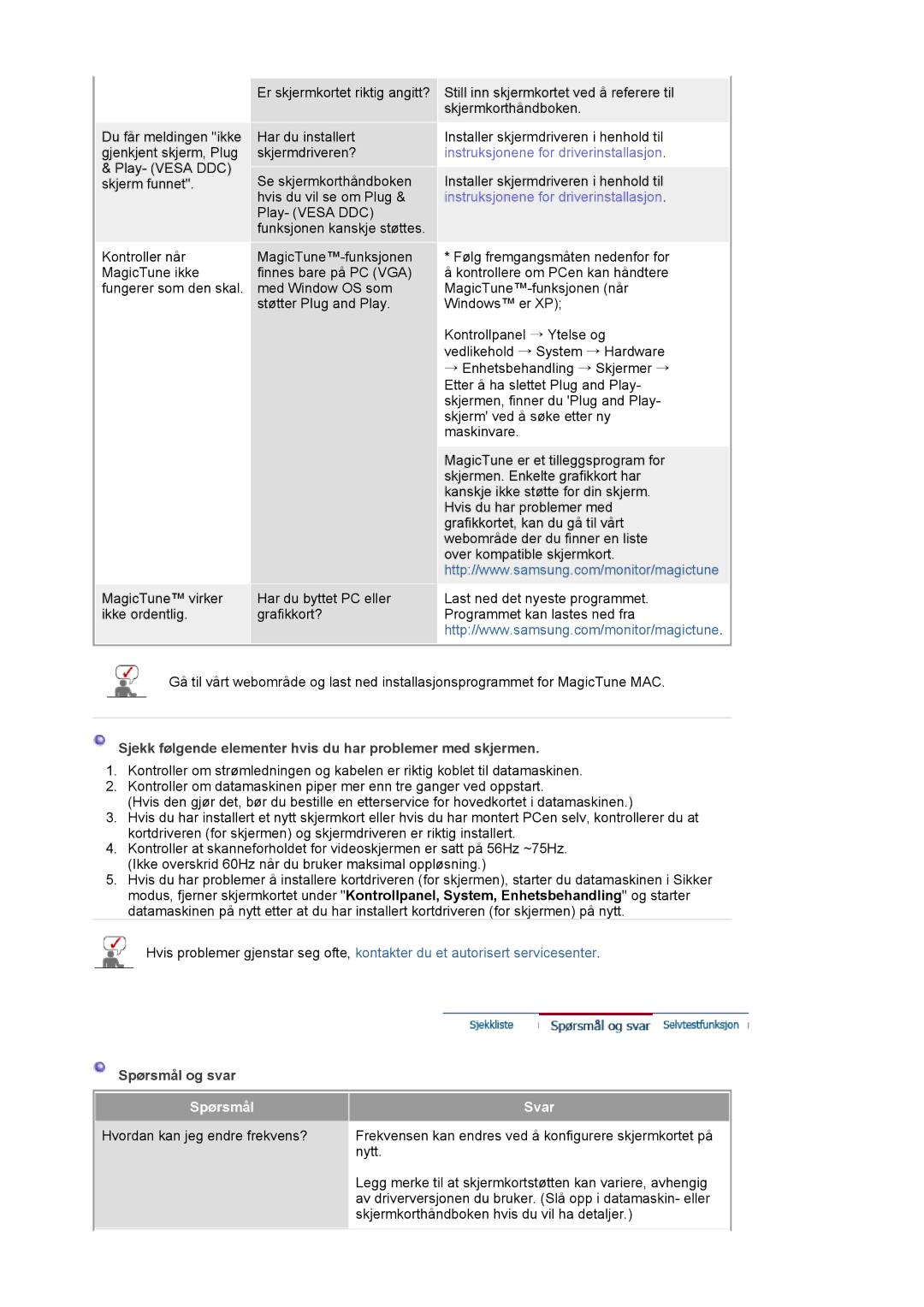 Samsung LS21BRBAS/EDC manual Sjekk følgende elementer hvis du har problemer med skjermen, Spørsmål og svar, Svar 