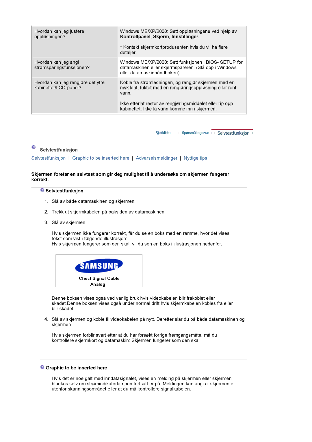 Samsung LS21BRBAS/EDC manual Kontrollpanel , Skjerm , Innstillinger, Selvtestfunksjon, Graphic to be inserted here 