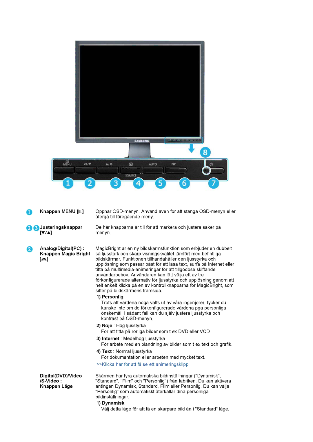 Samsung LS21BRBAS/EDC Knappen Menu, Justeringsknappar, Analog/DigitalPC, Knappen Magic Bright, Personlig, DigitalDVD/Video 