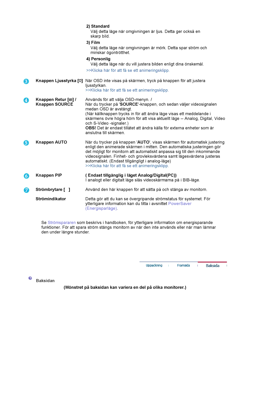 Samsung LS21BRBAS/EDC manual Standard, Film, Knappen Retur, Knappen Source, Knappen Auto, Strömbrytare, Strömindikator 