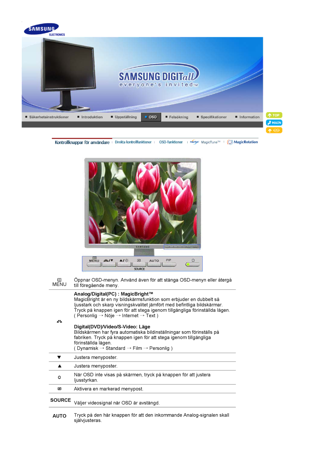 Samsung LS21BRBAS/EDC manual Analog/DigitalPC MagicBright, DigitalDVD/Video/S-Video Läge 